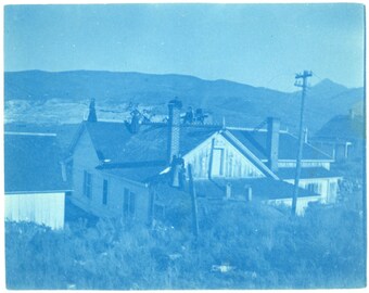 Antique Cyanotype Photograph - "People on the Roof" - Old Vintage Photo, Paper Ephemera, House, Home, Small Town - 107