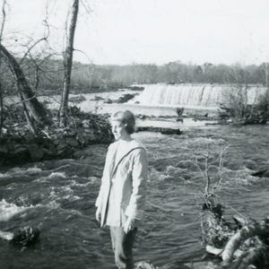 Black and White 1960 Vintage Photo - &quot;Lost in Waterfall Thoughts&quot; - Girl Looking Away from Camera, Nature Forest Water Trees - 112