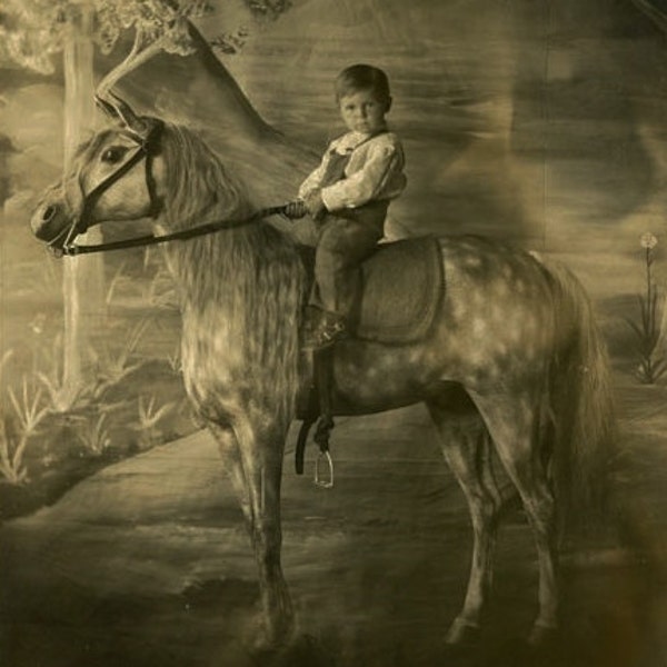 Vintage Real Photo Postcard "His Imagination World" Boy Riding Horse Antique RPPC Photo Black & White Photograph Paper Ephemera Vernacular