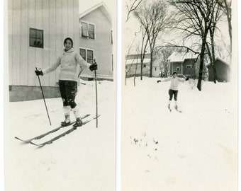 2pc Vintage Photo Set - "Backyard Winter Skier" - Woman Skiing Behind House Neighborhood, Snow, After Blizzard Storm, Frozen Fun - 60