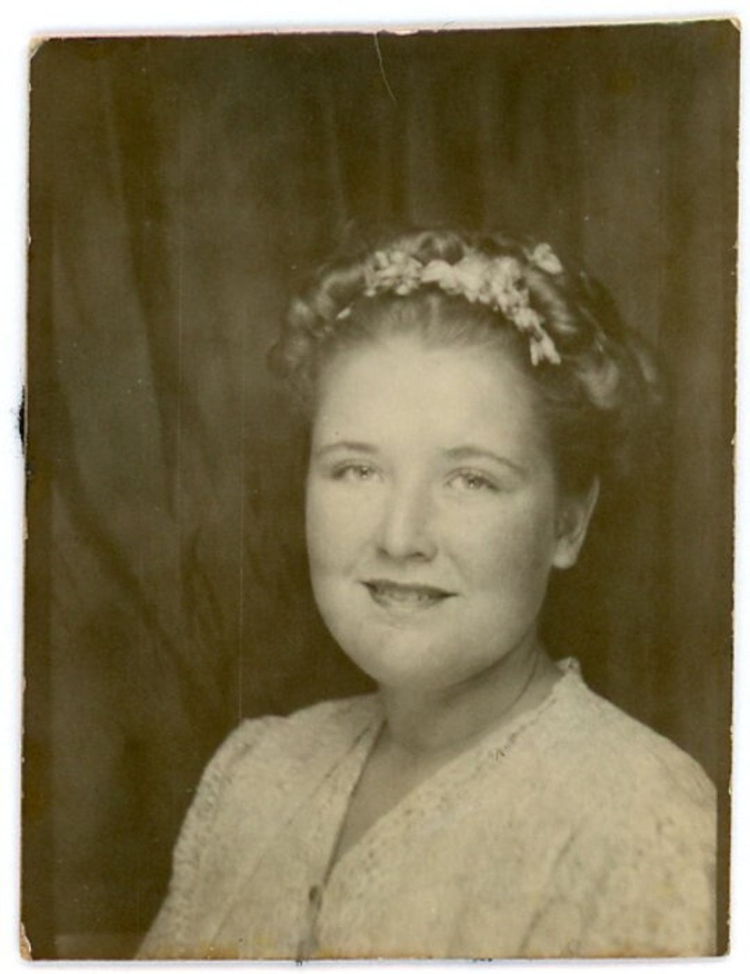 Vintage Photo Booth flowers in Her Hair Pretty Girl Smiling, Old Found