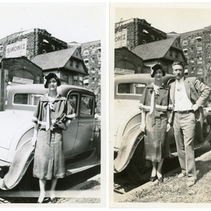 2pc Vintage Photo Set - &quot;Curbside Poses&quot; - Stylish Fashionable Woman Man, Pose Car, Old Pictures - 109
