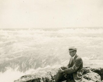 Identified Location: Antique 1916 Photograph - &quot;Risky Seat&quot; - Niagara written on the back, Man Sitting TOO Close to Waterfall
