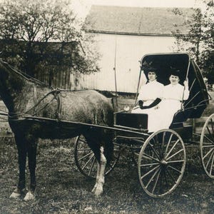Vraie carte postale photo ancienne RPPC - « Country Travelers » - femme femme assise dans un calèche, photo hippomobile, décor de ferme - 142