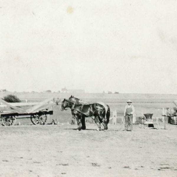 Antique Photo - "Grandpa's Farm" - Farmer Man, Large Big Barn, Horse - 18