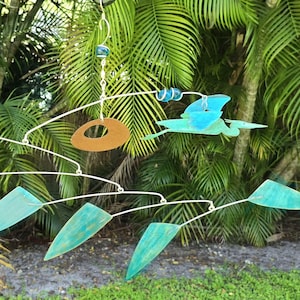 Heron Mobile for Home and Garden Decor for Bird Lovers Gift Idea with Heron Figurine Kinetic Sculpture in Patina Copper Mobile