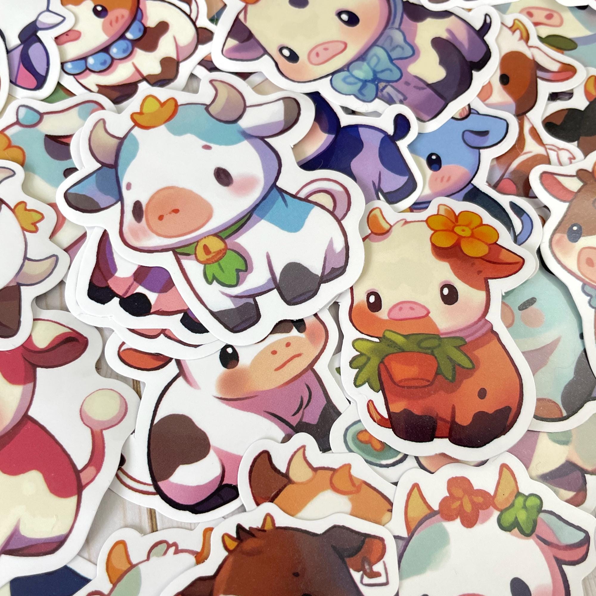 50 Pcs Cute Cow Stickers Pack, Kawaii Cows With Flowers and Bows for ...