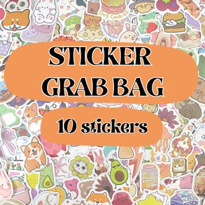 May include: A collection of colorful stickers with various designs, including animals, food, and flowers. The image features an orange banner with the text "STICKER GRAB BAG" and "10 stickers" in black.