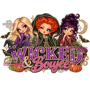 Puede incluir: Una ilustración gráfica que presenta tres personajes estilizados con ojos grandes, vistiendo trajes morados, verdes y rojos. El texto WICKED & Boujee se muestra en letras grandes, brillantes y de color morado y rosa, rodeado de murciélagos, una luna creciente y calabazas.