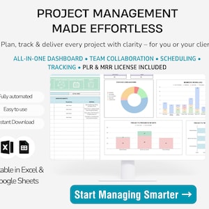 Puede incluir: Un monitor de computadora que muestra un panel de gestión de proyectos con gráficos. El texto dice "PROJECT MANAGEMENT MADE EFFORTLESS" e incluye funciones como "ALL-IN-ONE DASHBOARD" y "TEAM COLLABORATION". La imagen también indica "Editable in Excel & Google Sheets".