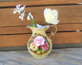 Vintage Hand Painted Pitcher, Romantic Cottage Décor, Enesco Japan E2348 Floral Jug or Vase, Shabby Farmhouse Look