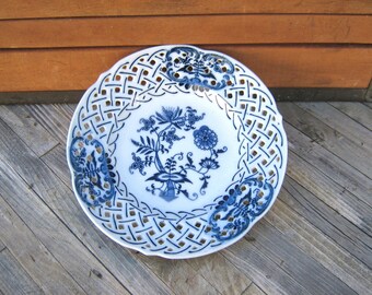 Vintage Blue Danube Bowl, Reticulated Blue Onion Pattern 8 Inch Serving Dish w. Tiny Flaw, 1950s Blue White Tableware