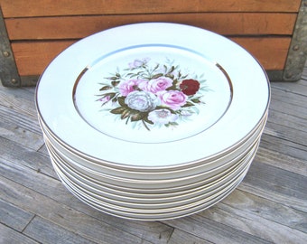 Vintage Pink Roses Dinner Plates, Embassy USA 1960s Vitrified China Tableware, Floral Transferware 10 Inch Plates, 12 Available
