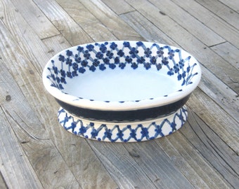 Vintage Blue White Ironstone Soap Dish or Ring Bowl, Beach House Vibe, Powder Room Accessory, French Cottage Décor