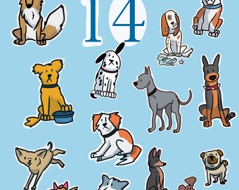 Dog Breeds Sticker Bundle – 14 Hand Drawn PNG Stickers (Digital Download)