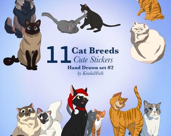 Hand-Drawn Cat Breed Stickers – 10 Cute PNG Designs (Digital Download)