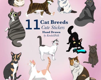 10 Cute Cat Breed Stickers - Hand-Drawn PNG Designs (Digital Download)