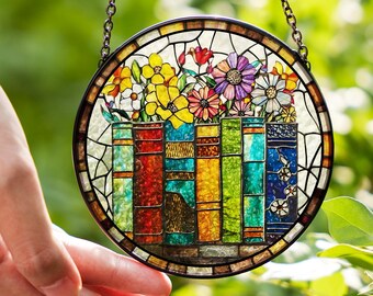 Book Stained Glass Suncatcher, Colorful Flower and Book Window Hanging, Librarian Gift, Birthday Gift, Reading Corner Decoration