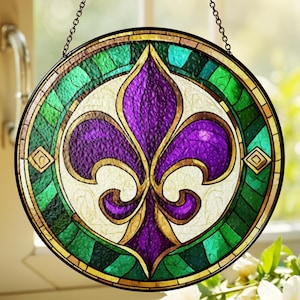 Louisiana Fleur De Lis glas-in-lood zonnevanger, Mardi Gras Fleur de Lis raam hangend, hangend bord Louisiana staat, decoratie Mardi Gras