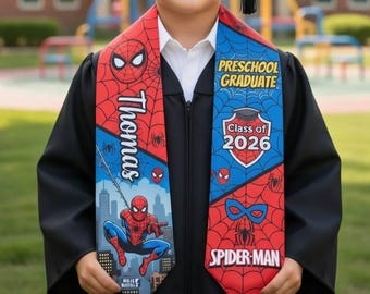 Personalized Superhero Kids Graduation Stole, Spiderman Preschool Grad Sash, Custom Name Class of 2026 Kindergarten Graduation Gift