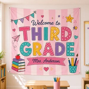 Custom Back to School Tapestry, Custom Third Grade Classroom Tapestry, Personalized Teacher Name Classroom Tapestry