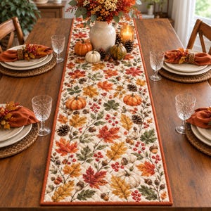 May include: A rectangular quilted table runner featuring a cream background with a repeating pattern of orange, red, and green autumn leaves, pumpkins, pinecones, and red berries, finished with a solid orange border trim along the edges.