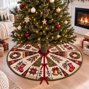 キルティングパッチワークのクリスマスツリースカート、赤と緑のタータンチェック柄、クリスマスベルのリースとストッキング、ファームハウス風ホリデーデコレーション