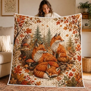 Three Foxes Quilt Blanket, Rustic Autumn Woodland Animals Bedspread, Pine Forest Fall Leaves Quilted Throw, Cozy Forest Bedding Blanket