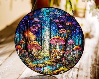 Mushroom Forest Stained Glass Suncatcher, Fantasy Bookshelf Insert Gift, Acrylic Hanging Art for Fairycore or Cottagecore Room Decor