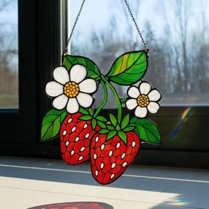 Colorful Strawberry Acrylic Suncatcher, Srawberry Window Hanging, Acrylic Style with Flowers, Acrylic Home Decor, Spring, Christmas Ornament