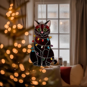 Christmas Black Cat Acrylic Suncatcher, Cat Faux Stained Glass Window Hanging, Christmas Ornament, Black Cat Ornament, Cat Christmas Decor