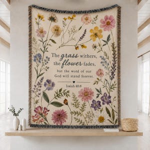 Pressed Flower Woven Blanket, Christian Floral Throw Blanket, Boho Flowers Bible Verse Blanket, Aesthetic Botanical Scripture Woven Blanket
