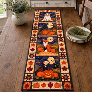 Halloween Character Table Runner, Vampire Fox Raven Dog Quilted Runner, Pumpkin Full Moon Patchwork Spooky Fall Table Decor