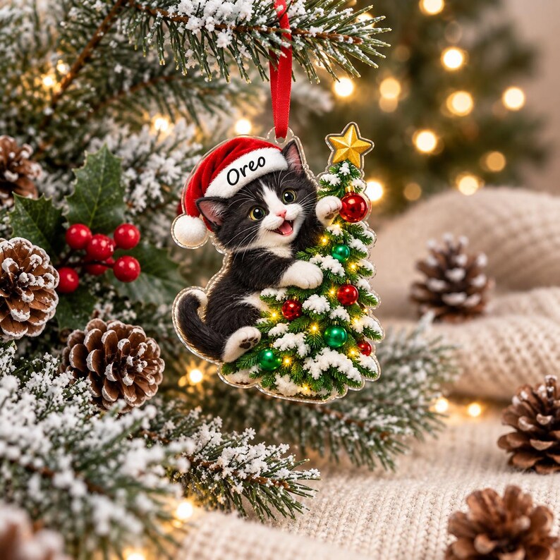 Puede incluir: Un adorno navide&ntilde;o colgante que muestra a un gatito blanco y negro con un gorro de Pap&aacute; Noel rojo con el nombre Oreo impreso en el borde. El gatito abraza un peque&ntilde;o &aacute;rbol de Navidad cubierto de nieve y decorado con bolas rojas y verdes.