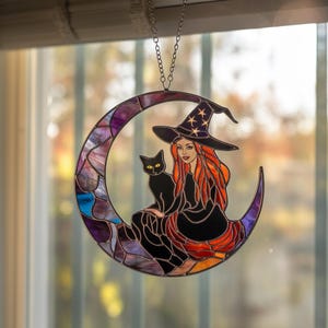 Witch And Moon Acrylic Suncatcher, Faux Stained Glass, Black Cat Window Hanging, Moon Suncatcher, Mystic Ornament Decor, Halloween Decor