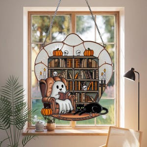 Ghost Reading Book with Black Cat and Bookshelf Acrylic Suncatcher, Spooky Cute Window Hanging, Halloween Book Lover Gift, Fall Suncatcher
