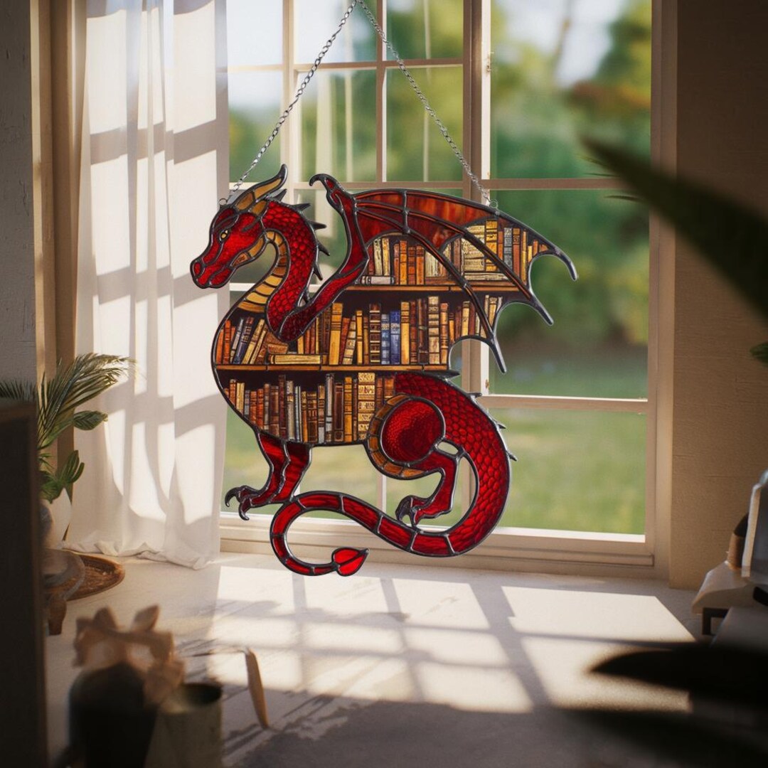 Bookworm Window Display Dragon Book Acrylic Suncatcher, Fantasy Window Hanging Decor, Bookish ...