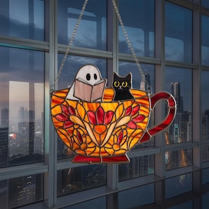 Cute Ghost Reading Book Acrylic Suncatcher, Ghost & Black Cat in Teacup Suncatcher, Book Lover Gift, Ghost Ornament, Halloween Window Decor