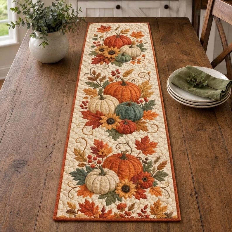 Pumpkin Fall Table Runner, Autumn Leaves Sunflower Quilted Runner ...