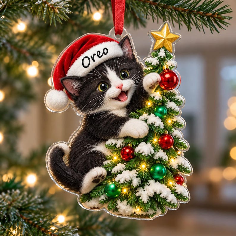 Puede incluir: Un adorno navide&ntilde;o de acr&iacute;lico plano con un gatito blanco y negro que lleva un gorro de Pap&aacute; Noel rojo con el nombre Oreo impreso en el borde blanco. El gatito trepa por un pino verde cubierto de nieve y decorado con bolas rojas y verdes.