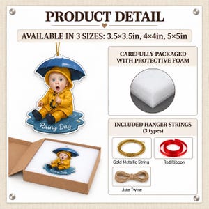 Puede incluir: Un adorno decorativo con un beb&eacute; en impermeable amarillo y paraguas azul sentado en un charco con el texto Rainy Day. Incluye tres cuerdas para colgar: dorada, cinta roja y cordel de yute, disponible en 8,9x8,9, 10,2x10,2, 12,7x12,7 cm.