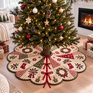 スカラップキルティングのクリスマスツリースカート、ヴィンテージパッチワークの赤と緑のチェック柄、お祝いのリースストッキングデコレーション、ファームハウスホリデーデコレーション