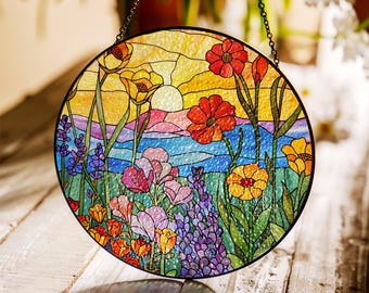 Wildflowers Stained Glass Suncatcher, Colorful Floral Glass Art, Botanical Window Decor, Florist Gift