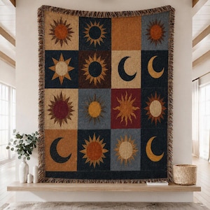 Manta tejida de retazos de sol y luna, manta tejida de retazos de Halloween, decoración del hogar de astrología celestial, manta tejida estilo cottagecore