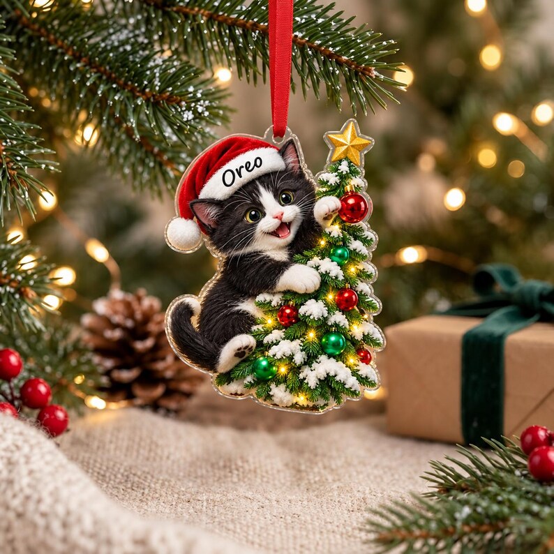 Puede incluir: Un adorno plano para &aacute;rbol de Navidad con un gatito blanco y negro que lleva un gorro de Pap&aacute; Noel rojo con el nombre Oreo impreso en el borde. El gatito abraza un peque&ntilde;o &aacute;rbol de Navidad nevado decorado con bolas rojas y verdes.