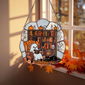 Ghost Reading Book with Black Cat and Bookshelf Acrylic Suncatcher, Halloween Book Lover Gift, Spooky Cute Window Hanging, Fall Suncatcher
