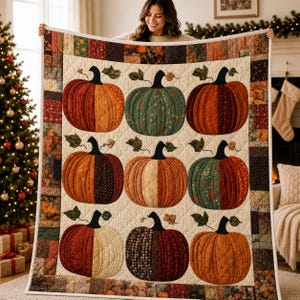 Op de afbeelding: Een gewatteerde plaid met een raster van negen pompoenen in diverse tinten oranje, groen en bruin. Elke pompoen is opgebouwd uit verschillende stoffen met patronen op een crèmekleurige achtergrond met een decoratieve patchwork-rand.