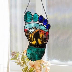 Bigfoot Acrylic Suncatcher, Faux Stained Glass, Sasquatch Window Hanging, Cryptozoology Creature Ornament, Nature Lovers, Mystic Lovers Gift