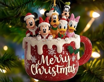 Enfeite de acrílico personalizado para o Natal da família Disney, enfeite de Natal da Disney, enfeite de árvore genealógica de xícara de Natal, enfeite de Mickey e seus amigos