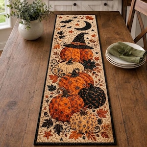 Witch Hat Pumpkin Halloween Table Runner, Quilted Pumpkin Patch Runner, Bat Crescent Moon Spooky Fall Autumn Table Decor